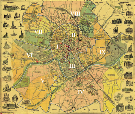 Podział Krakowa na 9 obwodów według stanu z listopada 1928 r. – na Planie Krakowa wyrysowanym przez
Stanisława Wyrobka, wydanym w 1934 r. Podstawa rysunku granic obwodów: vide s. 169
(Biblioteka Jagiellońska, sygn. M 41/109)