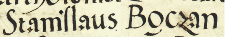 Z księgi radzieckiej Kazimierza obejmującej lata 1540–1545: fragment wpisu dokumentującego
wybór rady urzędującej na rok 1542, ze Stanisławem Boczanem w składzie – zbliżenie zapisu imienia
(Archiwum Narodowe w Krakowie, sygn. K 10, s. 276)