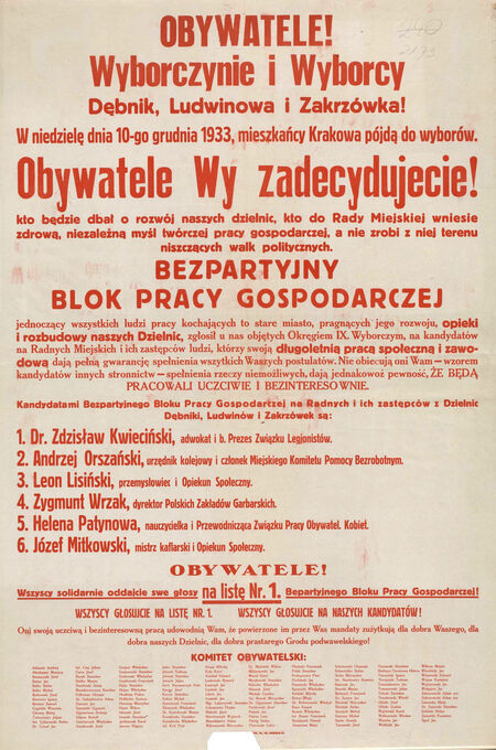 Afisz z kampanii przed wyborami do krakowskiej Rady Miejskiej, które przeprowadzono
10 grudnia 1933 roku. Z promowanej tu listy kandydatów do Rady weszli tylko
Zdzisław KWIECIŃSKI (nr 3432) i Leon LISIŃSKI (nr 3433).