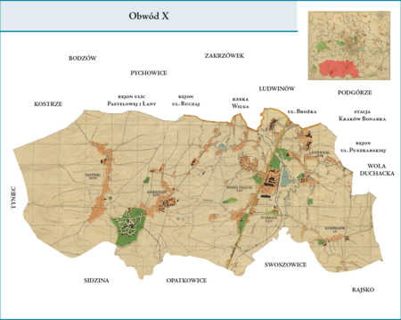 Obwód X według stanu z roku 1941 na przywołanym wcześniej planie miasta z 1943 r. – czwarta z dzielnic
administracyjnych zlokalizowanych w całości na terenach nowo przyłączonych w 1941 r. do granic miasta.
Swoją powierzchnią obejmowała dzielnice katastralne XXIII–Łagiewniki, XXIV–Jugowice, XXV–Borek
Fałęcki, XXVI–Kobierzyn, XXVII–Skotniki i LII–Kurdwanów. Obwód X zajął zatem tereny, o które
poszerzono miasto od strony południowo-zachodniej. Użyte przy powyższym planie dzielnicy nazwy terenowe
podano według nazewnictwa obowiązującego aktualnie.