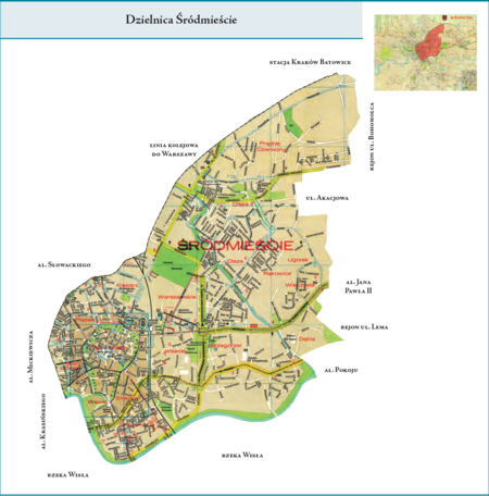 Dzielnica Śródmieście według stanu z roku 1973 na przywołanym wcześniej planie miasta z 1979 r. – dzielnica administracyjna
utworzona z połączenia dwóch dotychczasowych dzielnic, tj. Starego Miasta i Grzegórzek – przy jednoczesnych korektach granic,
z których najistotniejszą było włączenie do nowej Dzielnicy Śródmieście Piasku i Nowego Świata (wcześniej w Dzielnicy Zwierzyniec)
oraz Kleparza (wcześniej w Dzielnicy Kleparz). Użyte przy powyższym planie nazwy terenowe podano według nazewnictwa
obowiązującego aktualnie. Opis przebiegu granic tej dzielnicy podano na stronie następnej.