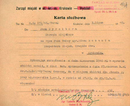 Z akt Starostwa Miejskiego Krakowskiego z lat okupacji niemieckiej dokument –
karta służbowa z 1940 r. z notatką
sporządzoną przez kierownika Ludwika Bialikiewicza
(Archiwum Narodowe w Krakowie, sygn. SMKr 78, s. 131)