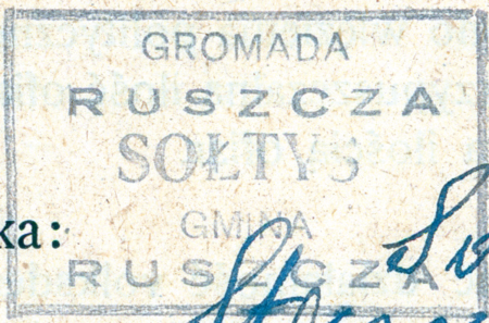 (1946)
Odciski pieczęci urzędowych Ruszczy z lat
1926 i 1946 oraz odcisk w wosku pieczęci
Grzegorza z Branic z dokumentu wystawionego
w 1439 roku; w polu pieczętnym
herb Gryf, którym pieczętowali się Braniccy,
w wiekach XII–XVIII właściciele między
innymi Ruszczy
(Archiwum Narodowe w Krakowie,
sygn. PUZKr 57, nlb.; sygn. UW II 391,
s. 563; Archiwum Uniwersytetu Jagiellońskiego,
sygn. dok. perg. 89)