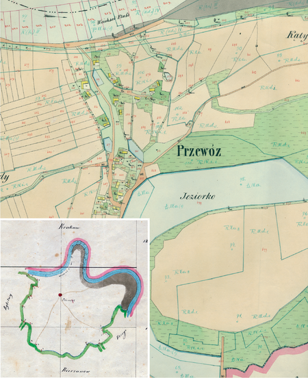 Centrum Przewozu na mapie katastralnej sporządzonej dla gminy katastralnej Przewóz w 1849 roku oraz pochodzący
z 1845 roku plan sytuacyjny z wyrysowanymi granicami gminy Przewóz i lokalizacją gmin sąsiadujących
(Archiwum Narodowe w Krakowie, sygn. K. Krak. 491 IV; sygn. K. Krak. op. 1233, s. 1)