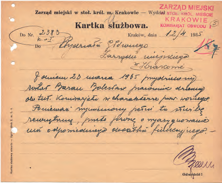 Z akt Zarządu Miejskiego m. Krakowa kartka służbowa z 1935 r.
zawierająca notatkę sporządzoną przez komisarza Mariana Parę
(z zasobów Urzędu Miasta Krakowa)