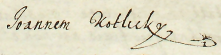 Z księgi radzieckiej obejmującej lata 1621–1629 fragment strony 203 z wykazem rajców urzędujących
wybranych na rok 1623, wśród których znajduje się Jan Kotlicki – oraz powiększenie zapisu imienia
(Archiwum Państwowe w Krakowie, sygn. rkps 459, s. 203)