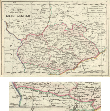 Pochodząca z 1825 roku Mappa Województwa Krakowskiego rytowana przez Seweryna Oleszczyńskiego przedstawiająca stan ustalony
na kongresie wiedeńskim w 1815 roku, po upadku Księstwa Warszawskiego – w wyniku traktatu kongresowego terytorium Księstwa zostało
rozparcelowane między trzech zaborców, utworzono też państwo-miasto Rzeczpospolitą Krakowską. Województwo krakowskie w całości
położone było w Królestwie Polskim, to znaczy poza Krakowem i zasadniczą częścią tradycyjnej ziemi krakowskiej. Stolicą ówczesnego
województwa krakowskiego był Miechów, następnie Kielce. W roku 1837 roku województwo to zastąpione zostało gubernią krakowską
ze stolicą w Kielcach, przemianowaną w 1841 roku na gubernię kielecką. Na powiększonym fragmencie mapy widoczny przebieg granicy
między Rzecząpospolitą Krakowską a Królestwem Polskim – po lewej stronie Wisły wszystkie wsie później przyłączone do Krakowa
znajdowały się w granicach państwa-miasta; vide także podpis do mapy na poprzedniej stronie
(Biblioteka Uniwersytetu Wileńskiego, zbiory Lelewela, sygn. M 114, tabl. V)