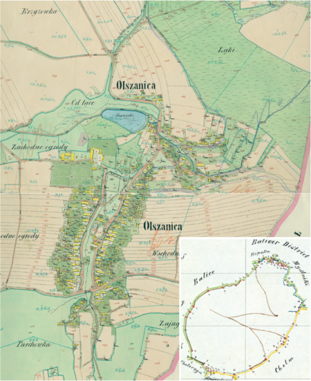 Centrum Olszanicy na mapie katastralnej sporządzonej dla gminy katastralnej Olszanica w 1850 roku oraz
pochodzący z 1847 roku plan sytuacyjny z wyrysowanymi granicami gminy Olszanica i lokalizacją gmin sąsiadujących
(Archiwum Narodowe w Krakowie, sygn. K. Krak. 402 I, V; sygn. WM 563a, nlb.)