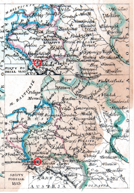 Mapa nr 19 (u góry); mapa nr 20 (na dole) – prawa strona czteromapowej tablicy
w cesarstwie austriackim,
po trzecim rozbiorze (1795) całość ziemi krakowskiej w cesarstwie, po pokoju
w Schönbrunn (1809) ziemia krakowska w granicach Księstwa Warszawskiego, po kongresie
wiedeńskim (1815) ponownie granica na Wiśle, z lewobrzeżnej części ziemi krakowskiej utworzona
Rzeczpospolita Krakowska, prawobrzeżna część w Cesarstwie Austrii