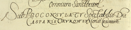 Z księgi radzieckiej obejmującej lata 1598–1601 strony 184–185 z nagłówkiem otwierającym wpisy spraw prowadzonych
za kadencji burmistrzowskiej Kaspra Okurowskiego w 1598 roku – oraz powiększenie zapisu imienia i funkcji burmistrza
(Archiwum Państwowe w Krakowie, sygn. rkps 455, s. 184–185)