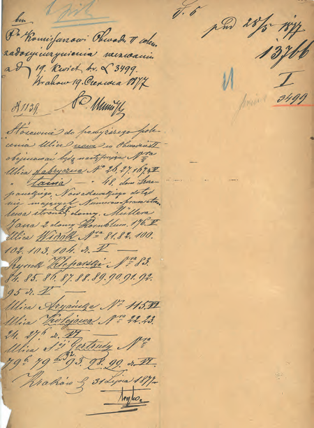 Z magistrackich akt Tabliczki orientacyjne dla budynków od roku 1877 do 1892 roku
dokonane w 1877 r. przez komisarza Walentego Trylskiego zestawienie policzbowania
nowych domów na terenie Obwodu II
(Archiwum Narodowe w Krakowie, sygn. Kr 7534, nlb)