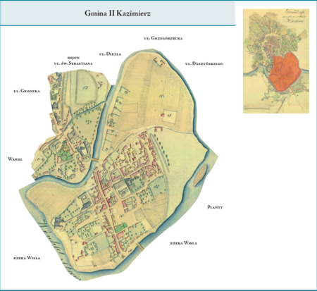 Gmina II Kazimierz według stanu z końca roku 1815 na przywołanym wcześniej planie miasta z ok. 1817 r. – przebieg
granic jak w okresie poprzednim, jednak z istotną zmianą, szczegółowo omówioną wyżej, przy planie Gminy I Kraków
(włączenie południowego fragmentu ul. Grodzkiej wraz z terenem na wschód od niego do Gminy II Kazimierz). Użyte
przy powyższym planie gminy nazwy terenowe podano według nazewnictwa obowiązującego aktualnie.