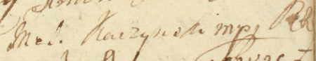 Z księgi protokołów obrad magistratu i pospólstwa Kleparza z lat 1618–1785: fragment protokołu z 1759 roku z podpisami
rajców, w tym Melchiora Kaczyńskiego, ławników i przedstawicieli pospólstwa pod uchwałą dotyczącą dodatkowego podatku
dla zaspokojenia długów miasta – zbliżenie podpisu wraz z inicjałem „RK” oznaczającym urząd rajcy kleparskiego
(Archiwum Narodowe w Krakowie, sygn. KL 115, s. 86)