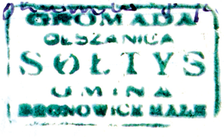 (1941)Odciski pieczęci urzędowych Olszanicy
z lat 1847, 1858, 1925, 1941
(Archiwum Narodowe w Krakowie,
sygn. WM 563a, nlb.; sygn. T.Schn. 1176,
s. 409; sygn. PUZKr 54, nlb.;
sygn. 29/219/15, nlb.)