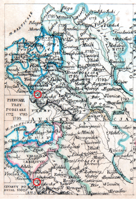 Mapa nr 17 (u góry); mapa nr 18 (na dole) – lewa strona czteromapowej tablicy
Tablica z czterema mapami obrazującymi terytorium ziemi krakowskiej w historycznym
procesie
zmian przynależności państwowej od pierwszego rozbioru Polski do kongresu
wiedeńskiego
– granica na Wiśle po pierwszym rozbiorze (1772) i część prawobrzeżna