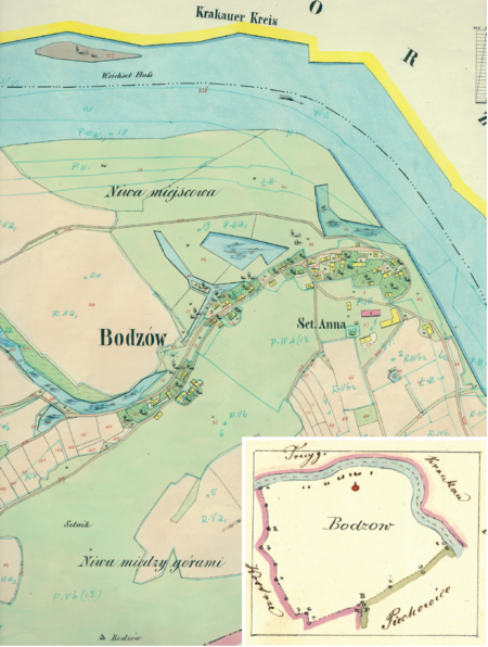 Centrum Bodzowa na mapie katastralnej sporządzonej dla gminy katastralnej Bodzów w 1848 roku oraz pochodzący
z 1845 roku plan sytuacyjny z wyrysowanymi granicami gminy Bodzów i lokalizacją gmin sąsiadujących
(Archiwum Narodowe w Krakowie, sygn. K. Krak. 44; sygn. K. Krak. op. 7, s. 53)