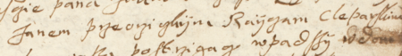 Z księgi protokołów sądu wójtowskiego jurydyki Biskupie obejmującej lata 1615–1629: fragment wpisu z 1625 roku dotyczącego
sprawy wytoczonej przez rajcę Szymona Kwakowicza (nr 132) przy udziale rajcy Jana Przeocznickiego, przeciwko
Jakubowi Ogiesie (Ociesza), przyszłemu wójtowi biskupskiemu, o gwałt domowy – oraz zbliżenie zapisu imienia i urzędu
(Archiwum Narodowe w Krakowie, sygn. Jur. I-20, s. 132)