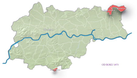 Ciag dalszy ze strony poprzedniej: na planie obrazującym dzisiejsze granice Krakowa miejscowości przyłączone do Krakowa
po 1915 roku, oznaczone kolorem czerwonym określającym ich przynależność w latach 1945–1985 do województwa
krakowskiego, w latach 1975–1984 województwa miejskiego krakowskiego – w Polskiej Rzeczypospolitej Ludowej