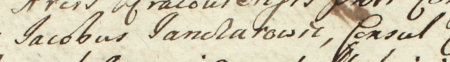 Z akt sądu wielkorządcy krakowskiego obejmujących lata 1697–1726: początkowy fragment wpisu z 1710 roku dokumentującego
stawienie się przed sądem Jakuba Janczarowicza, rajcy kazimierskiego, z żoną Jadwigą – zbliżenie zapisu imienia
i urzędu (Archiwum Narodowe w Krakowie, sygn. Teut. 77, s. 906)