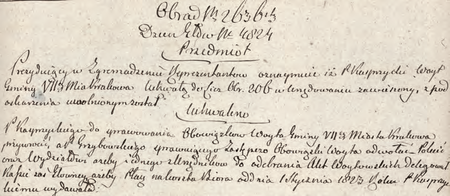 Z sentencjonarza obrad Senatu Rządzącego Wolnego Miasta Krakowa wpis z 1823 r.
dotyczący p.o. wójta Piotra Grzybowskiego
(Archiwum Narodowe w Krakowie, sygn. WMK IV-9, s. 735)