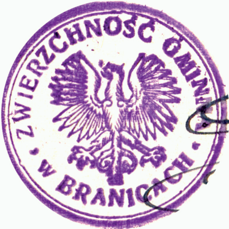 (1927)
Odciski pieczęci urzędowych Branic
z lat 1860, 1906, 1927 i 1949
(Archiwum Narodowe w Krakowie,
sygn. 29/456/195, nlb.; sygn. PUZKr 45,
s. 28; sygn. 29/205/69a, nlb.;
sygn. Gm. Ru. 13, s. 533)