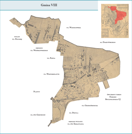 Gmina VIII według stanu z roku 1816 na przywołanym wcześniej planie miasta z 1831 r. – na jej powierzchnię składało się
przede wszystkim Przedmieście Wesoła, sięgające na południu Stradomia, w okolicach – posługując się dla opisu dzisiejszym stanem
i nazewnictwem – ul. św. Sebastiana, od zachodu mając jako granicę Planty oraz ulice św. Gertrudy i Westerplatte oraz ul. Pawią,
natomiast sięgając na wschód – okolic wylotu ul. Kopernika oraz rejonu ronda Mogilskiego i al. Powstania Warszawskiego. Była tam
ówcześnie linia okopów z czasów jeszcze kościuszkowskich, stanowiąca granicę miasta. Wschodnia granica Przedmieścia Wesoła,
a zatem i Gminy VIII, wracała w kierunku zachodnim fragmentem ul. Kopernika i ul. Grzegórzecką, aby skręcić na południe
wzdłuż ul. Dietla, do wylotu ul. św. Sebastiana. Do obszaru tej gminy dołączono północną część Przedmieścia Kleparz, między
częściami ulic Długiej i Warszawskiej (dawne jurydyki Błonie, Pędzichów i Szlak). Użyte tutaj i przy powyższym planie dzielnicy
nazwy terenowe podano według nazewnictwa obowiązującego aktualnie.