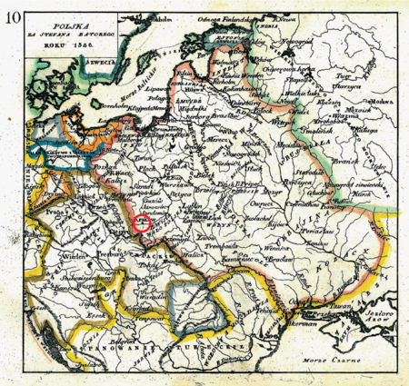 Mapa nr 10
Terytorium ziemi krakowskiej na mapie przedstawiającej państwo polsko-litewskie
w dobie rządów Stefana Batorego, zmarłego w 1586 roku