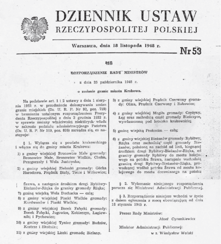 Pełny tekst rozporządzenia Rady Ministrów z 25 października 1948 roku o zmianie granic miasta Krakowa,
opublikowanego w Dzienniku Ustaw z 1948 roku, Nr 53, poz. 418
(z zasobów Urzędu Miasta Krakowa)