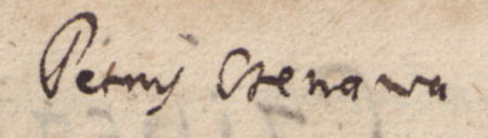 Z Liber inscriptionum… klasztoru oo. Augustianów w Kazimierzu: fragment dokonanego w roku 1681 wpisu przywołującego
wydany w 1437 roku dokument, w którym rajcowie kazimierscy, wśród nich Piotr Czenawa, stwierdzili, że Wawrzyniec
rybak zwany Śmiech odstąpił Przecławowi (nr 107) ogród z domem rajcy – zbliżenie zapisu imienia
(Biblioteka Naukowa PAU/PAN, sygn. rkps 1676, s. 308)