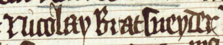 Z księgi radzieckiej Kazimierza obejmującej lata 1416–1433: fragment wpisu dokumentującego wybór rajców na rok 1423,
z Mikołajem Bratsneyderem w składzie – zbliżenie zapisu imienia (Biblioteka Jagiellońska, sygn. rkps 1045/2, k. 107)