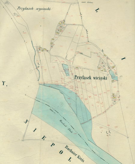 Przywiślany fragment Przylasku Wyciąskiego na mapie katastralnej
sporządzonej dla gminy katastralnej Przylasek Wyciąski w 1850 roku
(Archiwum Narodowe w Krakowie, sygn. K. Krak. 713 VII)