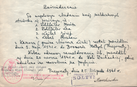 Wprawdzie postanowienia dekretu o przyłączeniu do Krakowa szeregu jednostek terytorialnych weszły w życie 1 czerwca 1941 roku,
jednak dotychczasowe lokalne władze w okresie przejściowym działały nadal, utrzymując dawną właściwość i nomenklaturę,
w tym nazwę urzędu i nazwę jednostki terytorialnej, jednak już w strukturach miasta Krakowa, z podporządkowaniem właściwemu
Miejskiemu Urzędowi Obwodowemu (dzielnicy administracyjnej) – reprodukcja zaświadczenia wydanego w listopadzie 1941 roku
przez sołtysa Przegorzał Andrzeja Marchewkę, potwierdzonego przez kierownika Miejskiego Urzędu Obwodowego IX
(Archiwum Żydowskiego Instytutu Historycznego, sygn. 228-135, s. 4)