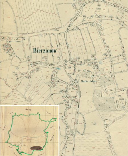 Centrum Bieżanowa na mapie katastralnej sporządzonej dla gminy katastralnej Bieżanów w 1849 roku oraz pochodzący
z 1845 roku plan sytuacyjny z wyrysowanymi granicami gminy Bieżanów i lokalizacją gmin sąsiadujących
(Archiwum Narodowe w Krakowie, sygn. K. Krak. 34 V; sygn. K. Krak. op. 6, s. 1)