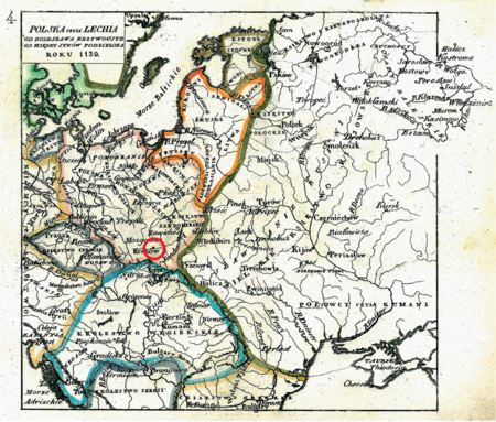 Mapa nr 4
Terytorium ziemi krakowskiej na mapie przedstawiającej państwo polskie u progu rozbicia dzielnicowego
(połowa XII wieku) – w świetle testamentu Bolesława Krzywoustego wraz z rokiem 1138 ziemia krakowska weszła w skład
Księstwa Krakowskiego w randze dzielnicy senioralnej