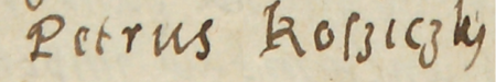 Z księgi radzieckiej Kleparza obejmującej lata 1573–1578: fragment wpisu z 1576 roku dokumentującego
wybór rady urzędującej wraz z podaniem wykazu rajców starych, z Piotrem Kosickim w składzie –
zbliżenie zapisu imienia (Archiwum Narodowe w Krakowie, sygn. KL 28, s. 563)