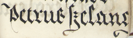 Z księgi radzieckiej Kazimierza obejmującej lata 1481–1508: fragment wpisu dokumentującego
wybór rady urzędującej na rok 1503, z Piotrem Szelągiem w składzie – oraz zbliżenie zapisu imienia
(Archiwum Narodowe w Krakowie, sygn. K 7, s. 452–453)