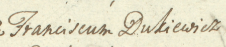 Z księgi radzieckiej Kazimierza obejmującej lata 1763–1766: wpis dokumentujący
wybór rady urzędującej na rok 1763, z Franciszkiem Dukiewiczem w składzie – zbliżenie zapisu imienia
(Archiwum Narodowe w Krakowie, sygn. K 51, s. 2)