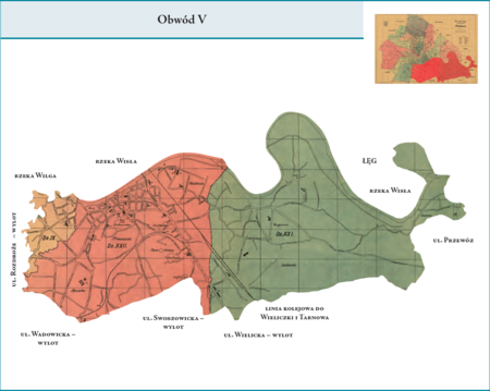 Obwód V według stanu z roku 1924 na przywołanym wcześniej planie miasta z 1925 r. – tę dzielnicę administracyjną
stanowiły trzy dzielnice katastralne: IX–Ludwinów, XXI–Płaszów i XXII–Podgórze. Użyte przy powyższym planie
dzielnicy nazwy terenowe podano według nazewnictwa obowiązującego aktualnie.