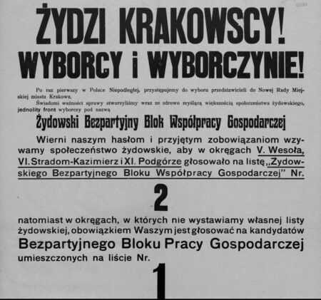 Afisz z kampanii przed wyborami do krakowskiej Rady Miejskiej,
które przeprowadzono 10 grudnia 1933 roku.