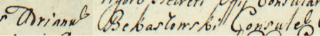 Z kleparskiej księgi wójtowsko-ławniczej obejmującej lata 1720–1728: początkowy fragment wpisu z 1721 roku
dokumentującego stawienie się przed urzędem wójtowsko-ławniczym rajcy Adriana Bekaszowskiego wraz z żoną Klarą
w sprawie majątkowej – oraz zbliżenie zapisu imienia i urzędu (Archiwum Narodowe w Krakowie, sygn. KL 17, s. 26)