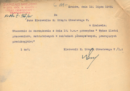 Z akt Zarządu Miejskiego w Krakowie Korespondencja ogólna dotycząca spraw administracyjno-
-przemysłowych wykazy i kwestionariusze zakładów przemysłowych oraz zakładów przemysłu
gospodniego (hoteli i pensjonatów) 1945–1946 sporządzone w 1945 r. przez kierownika Karola Domiczka
pismo przewodnie do wykazu ilościowego pracowników produkcyjnych zakładów przemysłowych
(Archiwum Narodowe w Krakowie, sygn. 29-699-437, s. 19)