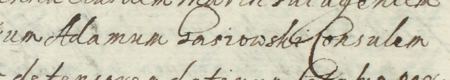 Z akt sądowych wielkorządcy krakowskiego obejmujących lata 1623–1645: początkowy fragment wpisu z 1623 roku
dokumentującego sprawę sądową między Zofią Ciepielowską, po drugim mężu Będkowską,
a Adamem Gaszowskim, rajcą kleparskim – oraz zbliżenie zapisu imienia i urzędu
(Archiwum Narodowe w Krakowie, sygn. Teut. 70, s. 20)