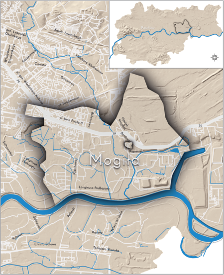 Orientacyjna lokalizacja dawnej wsi Mogiła w obecnych granicach Krakowa – na planie miasta oznaczono
jej położenie w kształcie wyznaczonym granicami jednostki katastralnej, jaką stanowiła, ze wskazaniem najstarszego,
historycznego centrum Mogiły w rejonie dzisiejszych ulic Bardosa, Powiatowej, Kępskiej i Kopaniec
