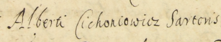 Z akt inwentarzowych mieszczan kazimierskich obejmujących lata 1618–1647: początkowy fragment wpisanego
w 1637 roku inwentarza pośmiertnego zmarłej Reginy Szlachetczyny, sporządzanego z udziałem między innymi Wojciecha
Cichoniowica, krawca, występującego w roli opiekuna bliskich zmarłej – oraz zbliżenie zapisu imienia i profesji
(Archiwum Narodowe w Krakowie, sygn. K 448, s. 224)