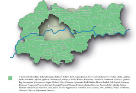 Na planie obrazującym dzisiejsze granice Krakowa miejscowości przyłączone do Krakowa po 1915 roku, oznaczone
kolorem określającym ich przynależność powiatową w ramach departamentu krakowskiego Księstwa Warszawskiego
w latach 1809–1815