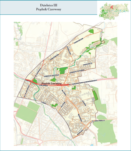 Dzielnica III Prądnik Czerwony według stanu z 2017 r. na przywołanym wcześniej planie miasta z tego samego roku – dzielnica
samorządowa o powierzchni 6,44 km² (udział 1,97% w całej powierzchni miasta), położona na terenach historycznych jednostek
katastralnych: po części Prądnik Czerwony, po części Rakowice, także fragmenty Dąbia, Grzegórzek, Olszy, Warszawskiego, Prądnika
Białego i Górki Narodowej (vide plan na s. 239). Opis przebiegu granic tej dzielnicy podano na następnej stronie.