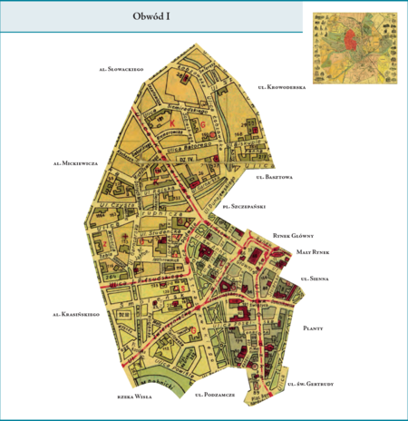 Obwód I według stanu z listopada 1928 r. na przywołanym wcześniej planie miasta z 1934 r. – tę dzielnicę administracyjną, którą
stanowił Obwód I, tworzyły tereny południowej część dzielnicy katastralnej I–Śródmieście (z Rynkiem Głównym) oraz w całości
tereny dzielnic katastralnych III–Nowy Świat i IV–Piasek. Od zachodu Obwód I zamknięty był linią Alei Trzech Wieszczów,
od północnej strony sięgał zbiegu al. Słowackiego i ul. Krowoderskiej, od wschodu jego granica biegła ulicami Krowoderską,
fragmentem Basztowej, Dunajewskiego, Szczepańską, linią A–B Rynku Głównego, ul. Sienną, Plantami i fragmentem
ul. św. Gertrudy. Od strony południowej Obwód I sięgał pl. św. Idziego, ul. Podzamcze i zakola Wisły między mostem Dębnickim
a Wawelem. Użyte przy powyższym planie dzielnicy nazwy terenowe podano według nazewnictwa obowiązującego aktualnie.