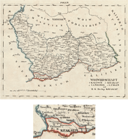 Pochodząca z wydanego w 1825 roku w Lipsku dzieła Atlas von Europa… etc. Wilhelma Ernsta Augusta von Schliebena mapa województw
kaliskiego, krakowskiego, sandomierskiego i lubelskiego wraz z Rzecząpospolitą Krakowską. Utworzone na kongresie wiedeńskim w 1815 roku
państwo-miasto Wolne Miasto Kraków, zwane Rzecząpospolitą Krakowską, sąsiadowało od północy i zachodu z Królestwem Polskim, od południa,
przez Wisłę, z krajem Cesarstwa Austrii – Królestwem Galicji i Lodomerii, od zachodu z Królestwem Prus. Miasteczka i wsie okołokrakowskie
leżące po prawej stronie Wisły pozostawały zatem w granicach austriackiej Galicji. W 1846 roku Rzeczpospolita została zlikwidowana – jej teren
został włączony do zaboru austriackiego, stając się Wielkim Księstwem Krakowskim w ramach Królestwa Galicji
(Biblioteka Uniwersytetu Wileńskiego, zbiory Lelewela, sygn. M 1925, XIV-2)