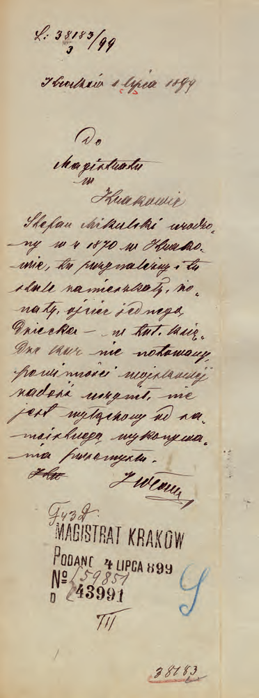 Z akt magistrackich wydane w 1899 r. polecenie w sprawie wydania opinii dotyczącej wniosku o wydanie
koncesji na ajencję prywatną do stręczenia robotników rolnych i oficyalistów prywatnych oraz wydana
w ślad za tym opinia sporządzona przez p.o. komisarza Jana Chryzostoma Włocha
(Archiwum Narodowe w Krakowie, sygn. Kr 8223, nlb)