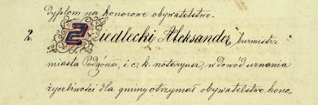 Z założonej w 1867 roku Księgi [Książki] Obywateli Miasta Podgórza, uwieczniającej wszystkie honorowe obywatelstwa
Podgórza oraz niektóre zwykłe obywatelstwa miejskie: przód okładziny i strona z pierwszymi wpisami – oraz zbliżenie wpisu
honorującego Aleksandra Siedleckiego (Archiwum Narodowe w Krakowie, sygn. P 33, okładzina i s. 5)